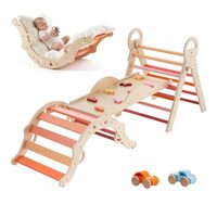 Spatiu de joaca Montessori 9in1 pentru copii, Lemn, Perna, Triunghi, Arc și Rampa, 2 x Masinute, max 68 kg, Anti-rasturnare, Portocaliu/Maro