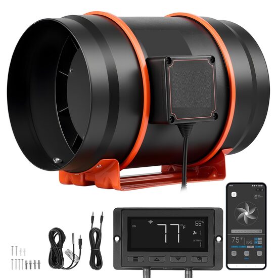 Ventilator pentru tubulatura cu control inteligent, 10 viteze, 164 W, diametru 203 mm, 1372 m³/h, functionare silentioasa 29 dB, senzor temperatura si umiditate