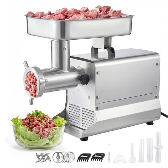 Masina profesionala de tocat carne, Inox, 1100 W, motor fara perii, Capacitate 9.5 kg/min, 2 x site, accesoriu carnati