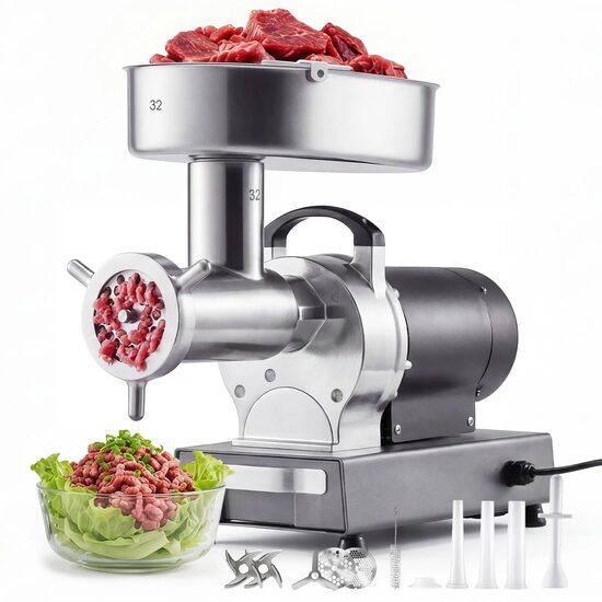Masina profesionala de tocat carne, Inox, 1100 W, motor fara perii, Capacitate 9.5 kg/min, 2 x site, accesoriu carnati, 2 x lame