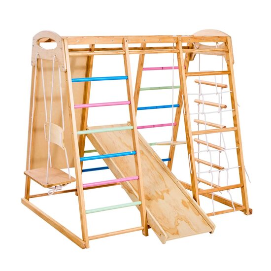 Spatiu de joaca Montessori 9in1 pentru copii, Lemn, Leagan, Topogan, franghie, max 113 kg, anti-rasturnare