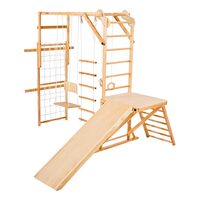 Spatiu de joaca Montessori 8in1 pentru copii, Lemn, Leagan, Topogan, franghie, max 100 kg, anti-rasturnare
