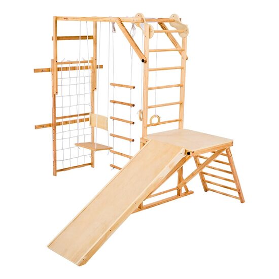 Spatiu de joaca Montessori 8in1 pentru copii, Lemn, Leagan, Topogan, franghie, max 100 kg, anti-rasturnare