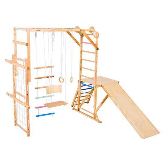 Spatiu de joaca Montessori 8in1 pentru copii, Lemn de pin, Leagan, Topogan, franghie, max 100 kg, anti-rasturnare