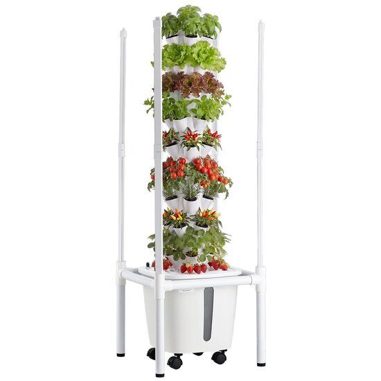 Ghiveci turn hidroponic, 45 capsule, 9 x niveluri, Rezervor 20 l, pompa, Lumina led