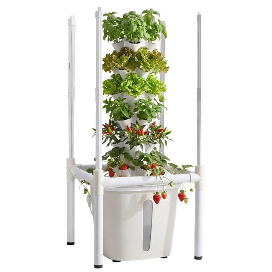 Ghiveci turn hidroponic, 30 capsule, 6 x niveluri, Rezervor 20 l, pompa, Lumina led