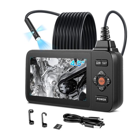 Camera endoscop cu triplu obiectiv si lumina led, Zoom 8X, ecran IPS HD 4.5", Lentila subtire 8 mm, IP67, cablu 5 m