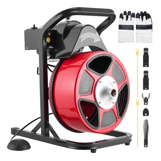 Sarpe electric pentru desfundat tevi, 4 x capete taiere, Lungime 15 m, Diametru 13 mm, pentru tevi 50-150 mm, Pedala actionata cu aer
