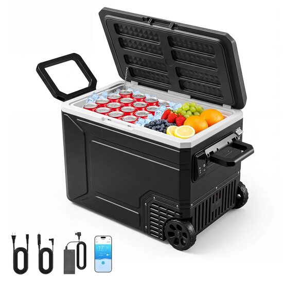Cutie frigorifica cu compresor tip Troller, 12V/24V DC 100-240V AC, Capacitate 78 l, -20℃ până la 20℃, 2 x Roti, Bluetooth