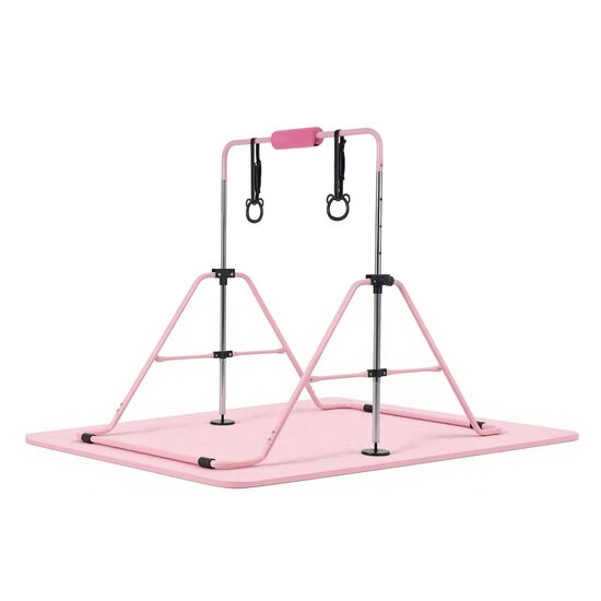 Bara gimnastica pliabila pentru copii, max 63 kg, Inaltime reglabila 914-1321 mm, saltea, 2 x inele, Roz