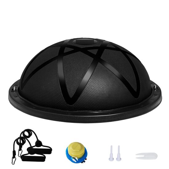 Dispozitiv jumatate minge pentru echilibru fitness, Pompa picior, max 300 kg, Diametru 580 mm, 2 x benzi elastic, Negru