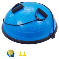 Dispozitiv jumatate minge pentru echilibru fitness, Pompa picior, max 300 kg, Diametru 580 mm, 2 x benzi elastic, Albastra