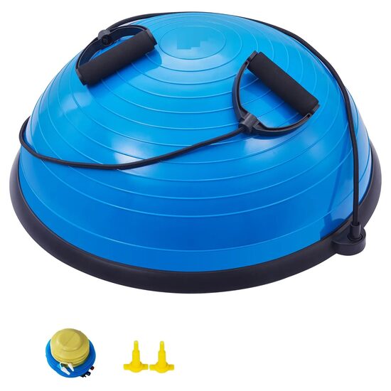 Dispozitiv jumatate minge pentru echilibru fitness, Pompa picior, max 300 kg, Diametru 580 mm, 2 x benzi elastic, Albastra