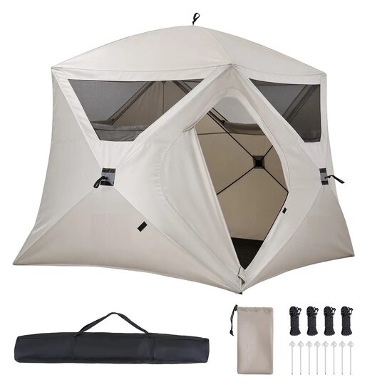 Cort instant pop-up, 229x229 cm, Inaltime 212 cm, 4 persoane, ferestre ventilatie, Bej