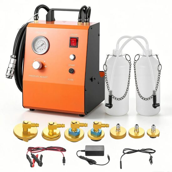 Aparat aerisire frana, manometru si pompa aer incorporate, electric 220 V, 0.6-3 Bar, 7 x adaptoare cilindru