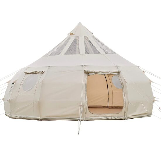 Cort iurta 4 sezoane glamping, Diametru 5 m, Inaltime 3.15 m, 10-12 persoane, ferestre plasa, panza respirabila, bej