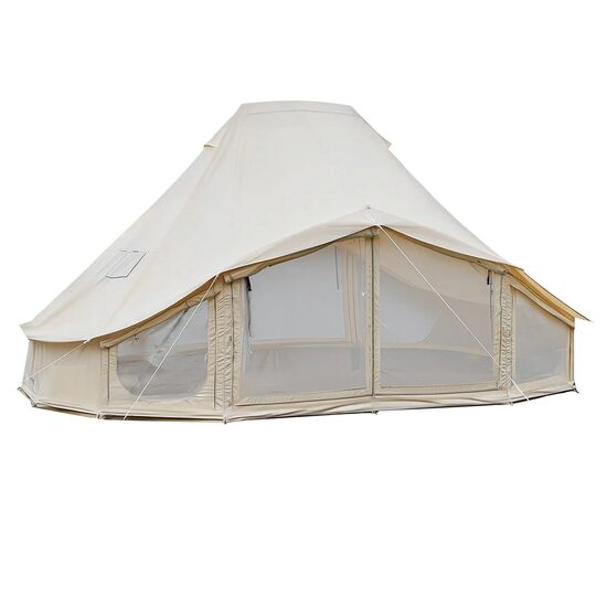 Cort iurta 4 sezoane glamping, 6 x 4 x 3.1 m, Capacitate 10-12 persoane, ferestre plasa, panza respirabila, bej, orificiu cos soba