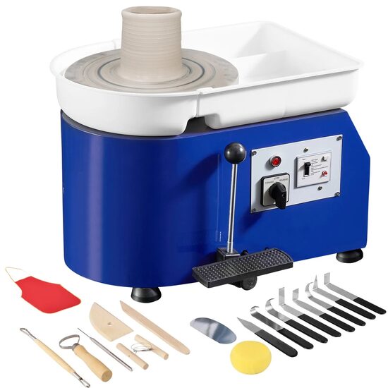 Roata de olarit electrica,  Diametru platan 28 cm, pedala, 350 W, viteza reglabila 60-300 rpm, Albastra, bazin detasabil, motor fara perii
