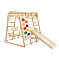 Spatiu de joaca interior cu panou de catarat, Lemn de pin, 7 in 1, capacitate max 136 kg, scari, leagan, topogan