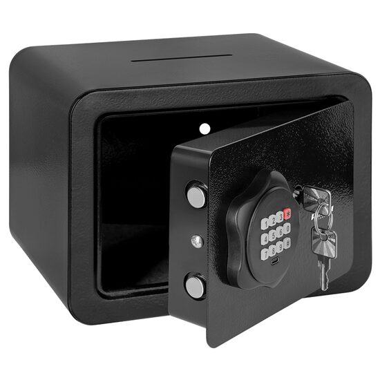 Seif electronic cu 2 x cheie si cifru, 23 x 17 x 17 cm, Negru, Indicatoare led