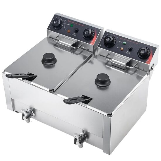 Friteuza profesionala Inox, 5000 W, Capacitate 14 l, control temperatura, 2 x cos, supapa scurgere ulei, 60-200 °C