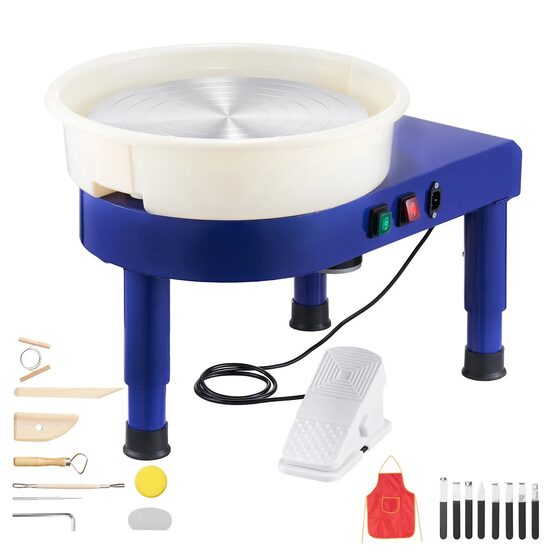 Roata de olarit electrica,  Diametru platan 35 cm, pedala, 450 W, viteza reglabila 60-300 rpm, Albastra, bazin detasabil, motor fara perii