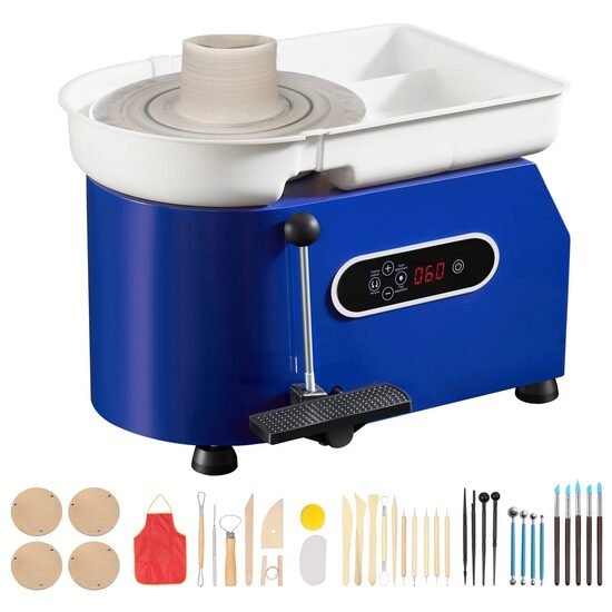 Roata de olarit electrica,  Diametru platan 28 cm, pedala, 450 W, viteza 60-300 rpm, Albastra, bazin detasabil, motor fara perii, Kit accesorii