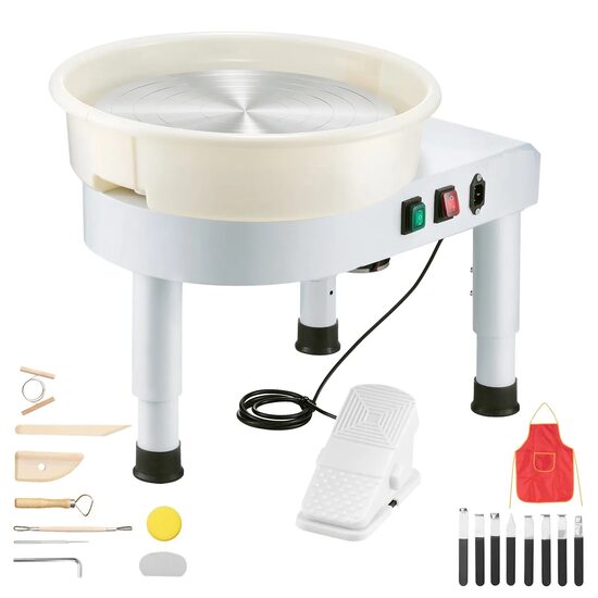 Roata de olarit electrica,  Diametru platan 35 cm, pedala, 450 W, viteza 60-300 rpm, Alb, bazin detasabil, motor fara perii, Kit accesorii