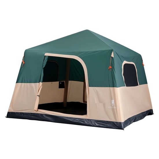 Cort instant gonflabil cu pompa reincarcabila, 6 x persoane, ferestre, Impermeabil, 300 x 300 x 225 cm, Maro/Verde