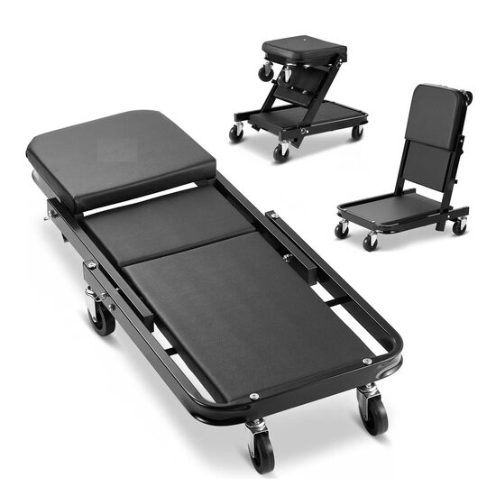 Pat/Scaun pliabil pentru atelier, 3 in 1, max 218 kg, 6 x roti, 1015 x 420 x 180 mm, Negru