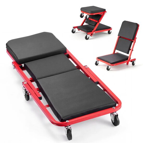 Pat/Scaun pliabil pentru atelier, 3 in 1, max 150 kg, 6 x roti, 920 x 420 x 130 mm, Negru/Rosu