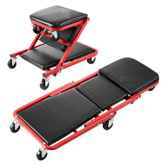Pat/Scaun pliabil pentru atelier, 2 in 1, max 136kg, 6 x roti, 910 x 425 x 140 mm, Negru/Rosu