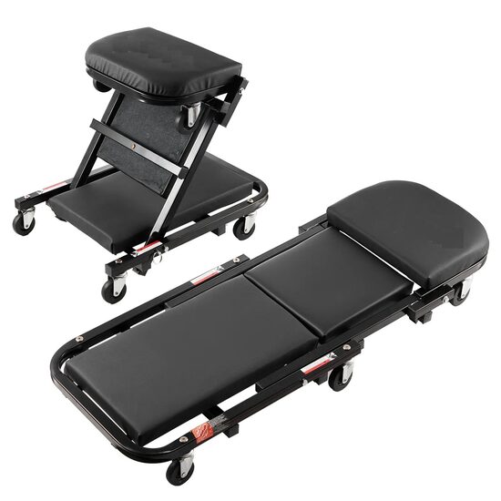 Pat/Scaun pliabil pentru atelier, 2 in 1, max 205 kg, 6 x roti, 1020 x 415 x 150 mm, Negru