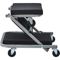 Pat/Scaun pliabil pentru atelier, 2 in 1, max 136 kg, 6 x roti, 91.5 × 41.5 × 12.8 cm, Negru