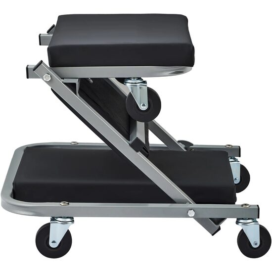 Pat/Scaun pliabil pentru atelier, 2 in 1, max 136 kg, 6 x roti, 91.5 × 41.5 × 12.8 cm, Negru