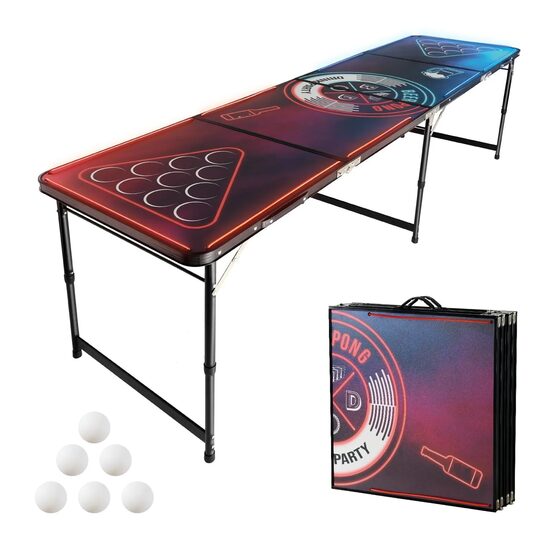 Joc de societate pliabil/portabil masa Beer Pong, Lungime 2.4 m, Inaltime reglabila, 6 x mingi, Lumini led