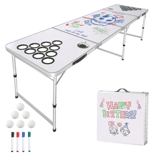 Joc de societate pliabil/portabil masa Beer Pong, Lungime 2.4 m, Inaltime reglabila, 6 x mingi, Alb, 4 x carioci