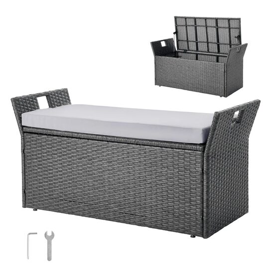 Banca de exterior cu perna si dulap depozitare, rattan artificial, 151 l, Gri, max 181 kg, 104 × 45 × 52 cm