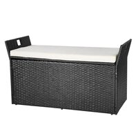 Banca de exterior cu perna si dulap depozitare, rattan artificial, 340 l, Negru, max 360 kg, 125 × 55 × 70 cm