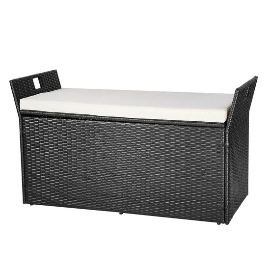Banca de exterior cu perna si dulap depozitare, rattan artificial, 340 l, Negru, max 360 kg, 125 × 55 × 70 cm