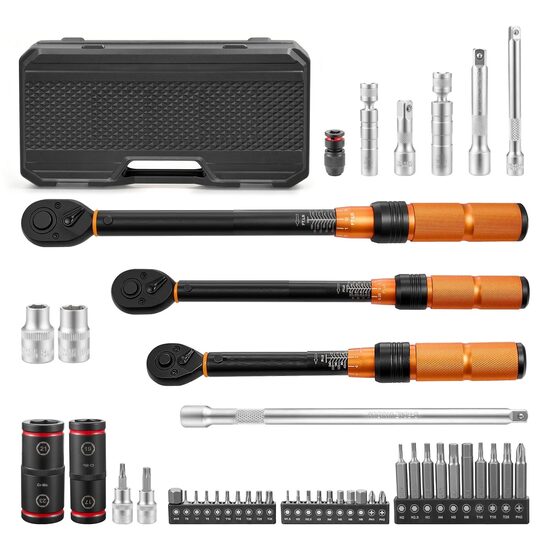 Set 3 x Cheie dinamometrica cu extensie si chei tubulare si biti, 1/4, 1/2, 3/8 inch, Cuplu 2.3-27.1 Nm, 6.8-61.2 Nm, 13.5-230.5, Cr-Mo