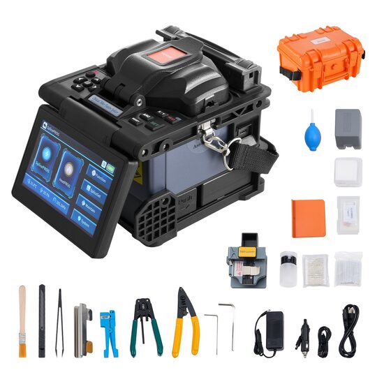 Kit Aparat lipit fibra optica, 6 motoare, Suport fibra 3 in 1, Ecran tactil 5 inch, sudura rapida 6 s, acumulator 7.8 Ah, Aliniere miez