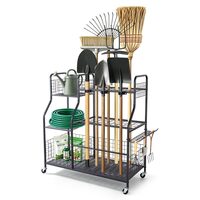 Organizator cu roti pentru unelte de gradina si scule, 3 x niveluri, Otel, Carlige, sloturi pentru fixare