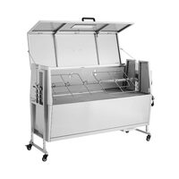 Gratar pe carbune cu rotisor electric 38 W, Inox, Capac, 4 x roti, Capacitate max 60 kg, 4 x niveluri de inaltime