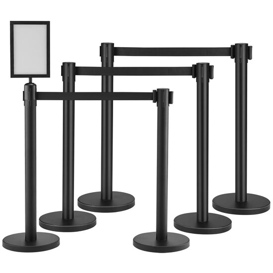 Set 6 x stalpi delimitare, Negru, Otel carbon, Curea retractabila 200 cm, Inaltime 90 cm, Panou informatii
