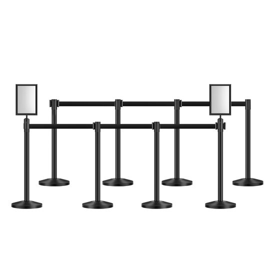 Set 8 x stalpi delimitare, Negru, Otel carbon, 8 x Curea retractabila 200 cm, Inaltime 87 cm, 2 x Panou informatii
