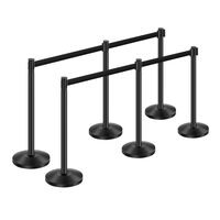 Set 6 x stalpi delimitare, Negru, Otel carbon, 3 x Curea retractabila 200 cm, Inaltime 87 cm
