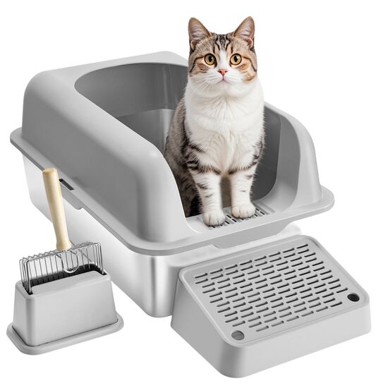 Litiera pentru pisici, marime XL, Cutie Inox inaltime 15 cm, pentru 30 zile, Gri deschis