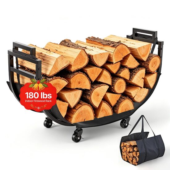 Suport pentru lemne, Otel carbon, max 80 kg, Negru, 80 x 28 x 52 cm, 4 x roti
