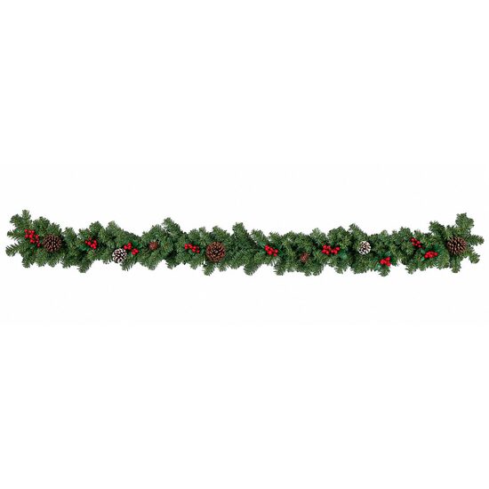 Ghirlanda de Craciun, Lungime 270 cm, Verde cu conuri de brad si decoratiuni de culoare rosie